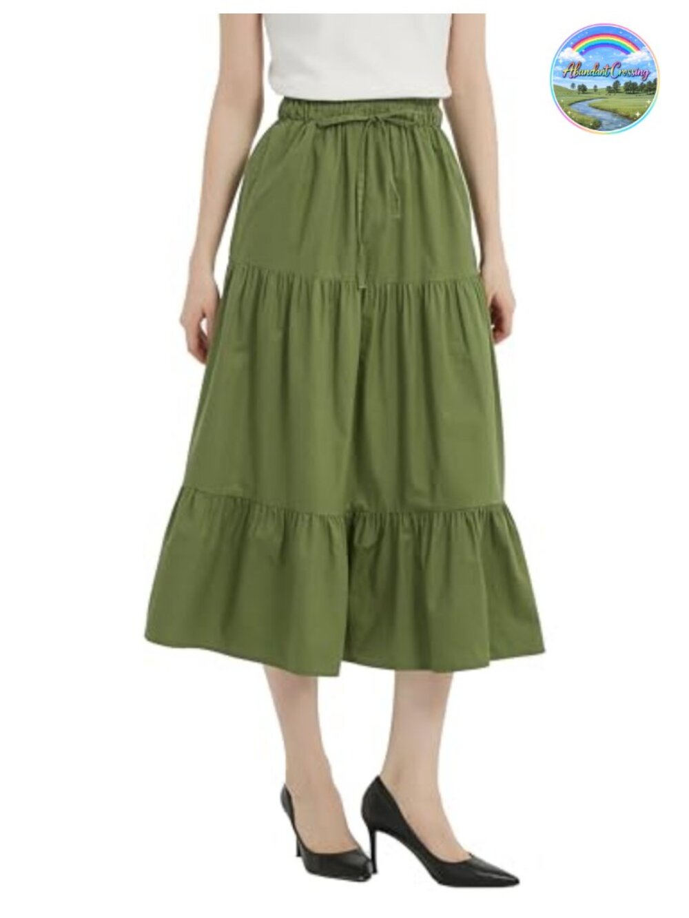 Women's Midi Denim Skirt A-Line Tiered Ruffled Drawstring Cotton